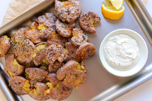 Smash Potatoes with Garlic Aioli Sauce